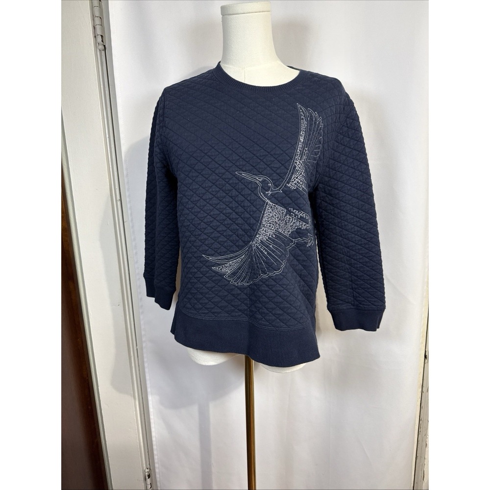 Banana Republic Women's Pullover Blue Quilted Embroidered White Heron Bird  S-M